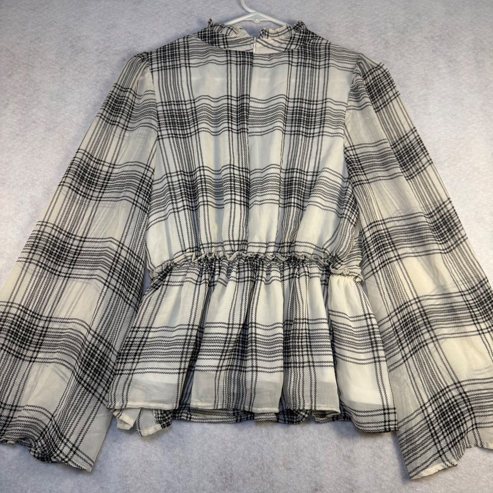 a. love b. Plaid Peplum Blouse Womens M Black White Ruffle Neck Balloon Sleeve